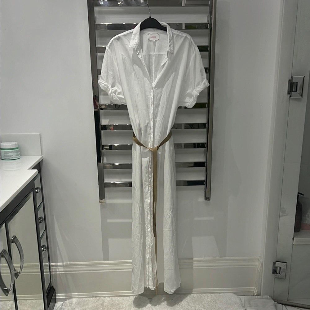 White Button-Down Maxi Dress with Brown Belt